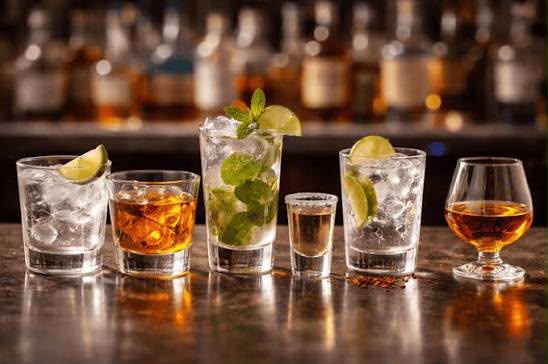 Beautifully served whisky, cocktails and brandy on a warm wooden bar